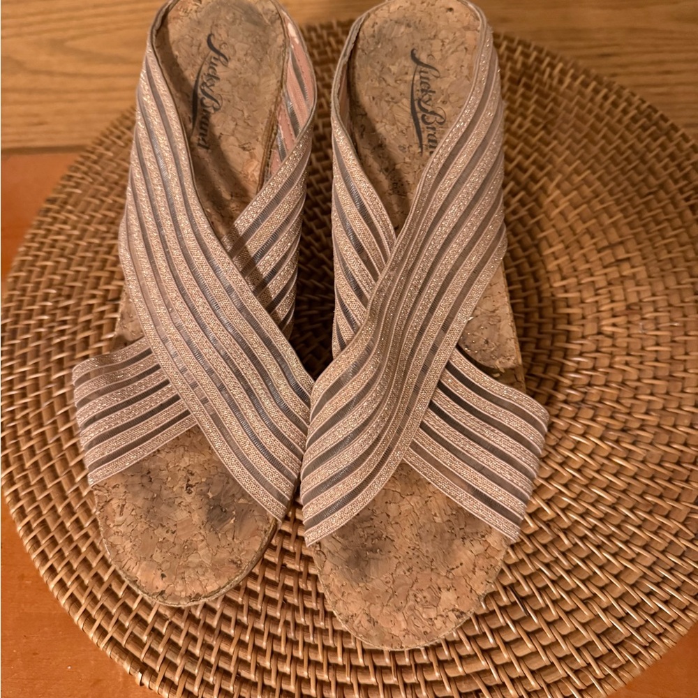Lucky Brand‎ Tan Glitter Striped Cork Wedge Sandals - Picture 8 of 10